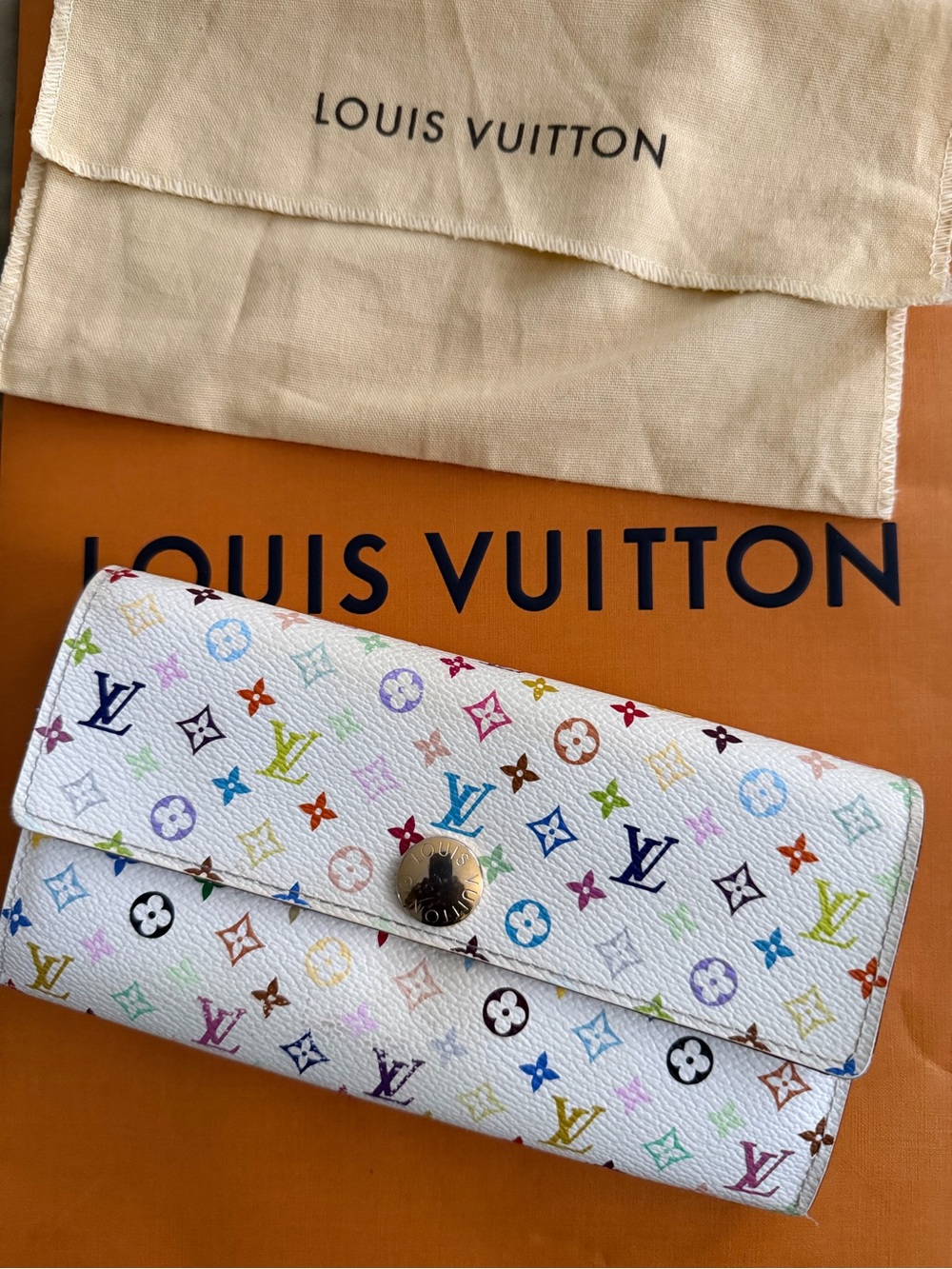 Authentic Louis Vuitton White Multicolor Monogram Wallet•CA2048